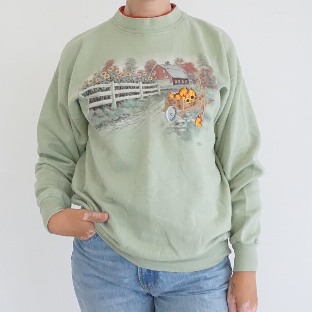 Vintage Morning Sun Green Barn Sunflower Pumpkin Farm Sweatshirt Cabincore L